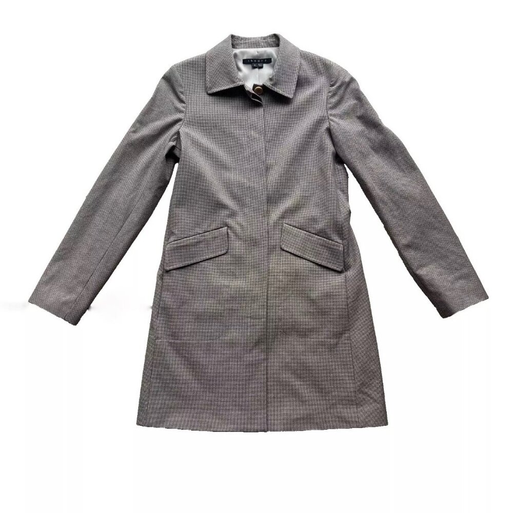 Theory Sunny Houndstooth Long Trench Coat Brown Size Small Collared